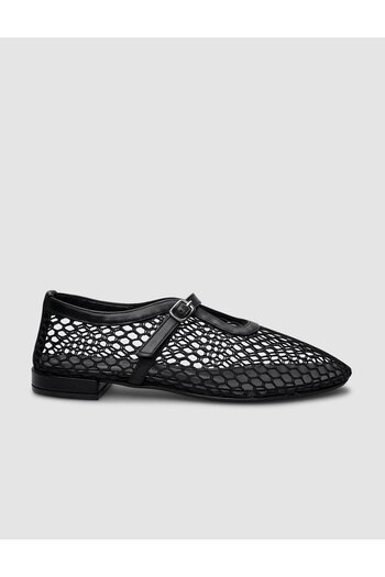Cabani Black Genuine Leather - Women's Ballerinas with Mesh Buckle Detail