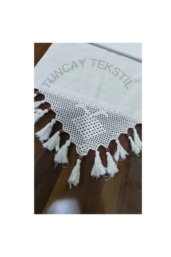 TUNCAY TEKSTİL Linen Coffee Table Table Top Cloth - Hand Lace and Tasseled Runner, Ranir CoverBuldanWork