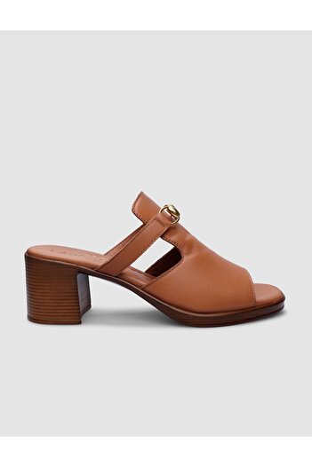 Cabani Tan Women's Thick Heeled 100% Genuine Leather Slippers