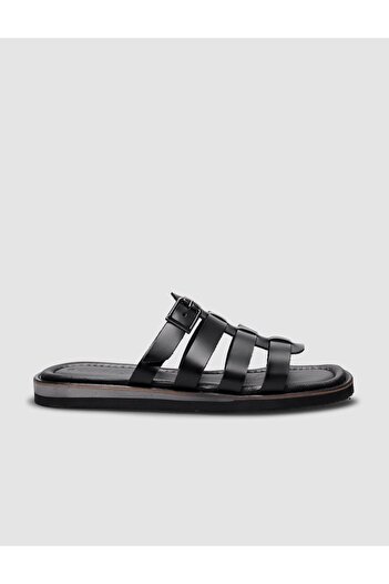 Cabani 100% Genuine Leather Black Side Buckle Women's Flat Slippers
