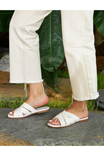 Cabani Genuine Leather White Women's Slippers