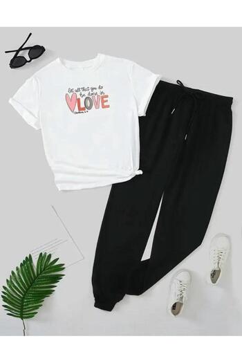 Medinenur Love Printed T-shirt Φούτερ Jogger Άνετη Μαύρη φόρμα