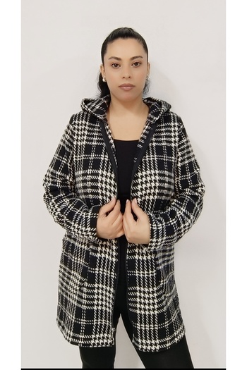AKŞEN GİYİM Large Size Plaid Patterned Spoon Woven Zippered 75 cm Size Hooded Women's Jacket