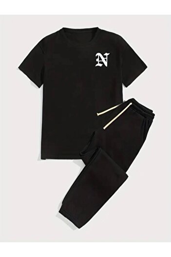 Medinenur Κείμενο εμπριμέ T-shirt Φούτερ Jogger Comfortable Fit Μαύρο Σετ φούτερ