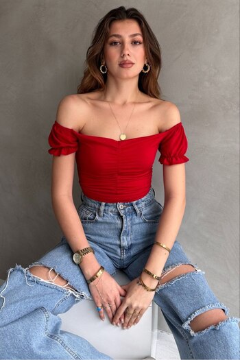 02Lady Fashion Front Tie Back Low-Cut Madonna Collar Sandy Sandy Fabric Bluz