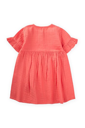 Cigit 1-6 Years Coral Organic Floral Embroidered Dress