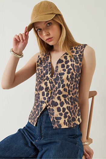 Bianco Lucci Women's Leopard Print V-Neck Woven Vest 60261304