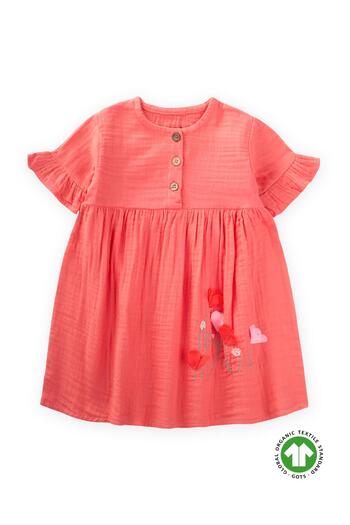 Cigit 1-6 Years Coral Organic Floral Embroidered Dress