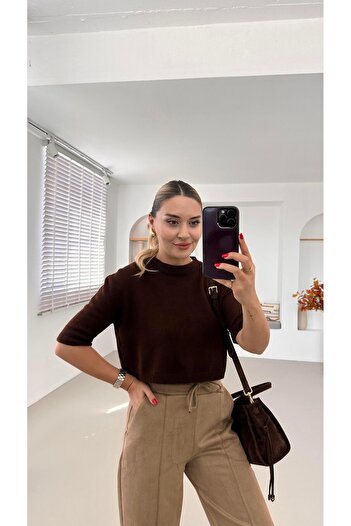 Sezgi Tekin Premium Σειρά Κοντό μανίκι Bitter Brown Knitwear Πουλόβερ