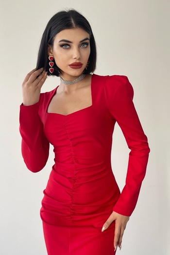 barış sülün lovebox Women's Atlas Fabric Red Midi Dress with Drawstring and Slit Design 335
