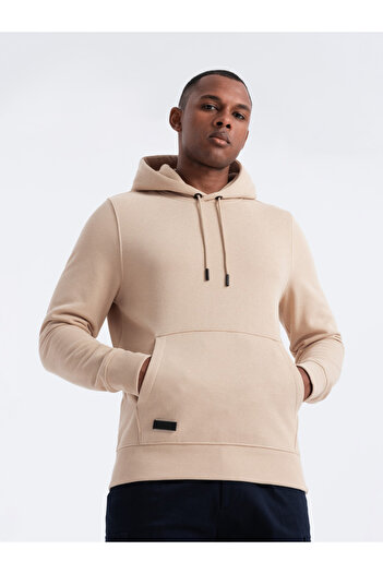 OMBRE BASIC men's cotton sweatshirt kangaroo hoodie - beige V6 OM-SSBN-0161 XL