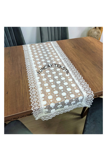TUNCAY TEKSTİL Daisy Pattern Laced Polyester Runner Ranir Coffee Table Tablecloth French Guipure Cloth White