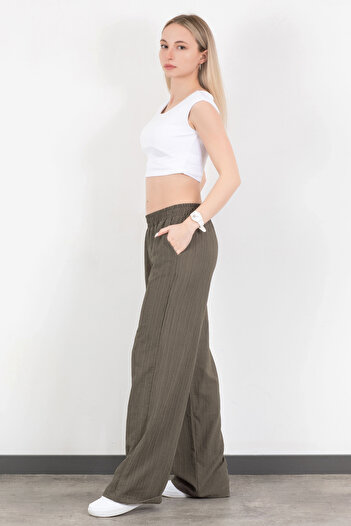 GİYSA Women's Elastic Waist Wide Leg Pocket Detailed Trousers Khaki - 25576