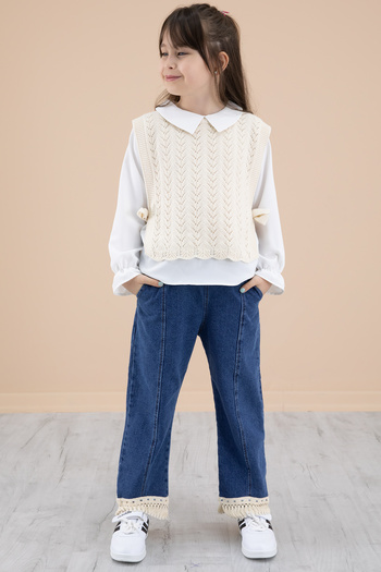 Cansın Mini Cream Lace Sweater Jeans Trousers Girls' 3 Piece Suit 20354