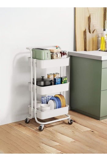 Cady One 3-Tier Rotating Storage and Organization Cart with Metal Handle White