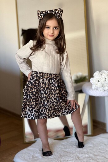 MARMARA FIRSAT Leopard Patterned Girl's Set Top and Bottom with Bandana Holiday Leopard Set