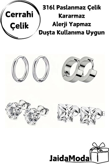 Jaida Moda Unisex Surgical Steel 4 Pairs Earrings Set