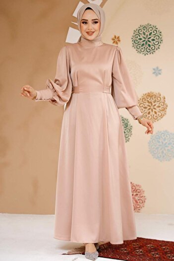 Neva Style Satin Beige Hijab Evening Dress 61651Beige