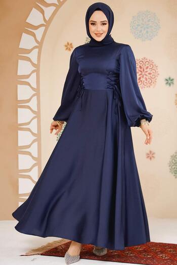 Neva Style Balloon Sleeve Navy Blue Satin Hijab Evening Dress 61501L