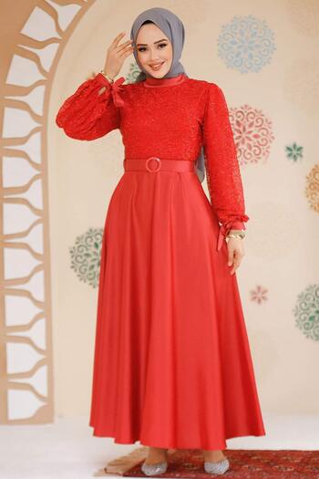 Neva Style Beaded Red Satin Hijab Evening Dress 6176K