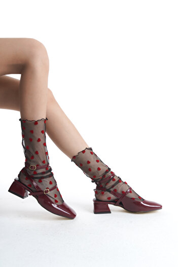 Moda Değirmeni Claret Red Patent Leather Women's Double Buckle Ankle Strap Low Heel Shoes BG1184-119-0001
