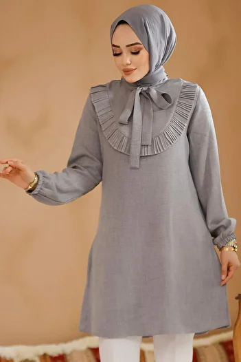 Neva Style Ruffle Detailed Grey Hijab Tunic 6682Gr