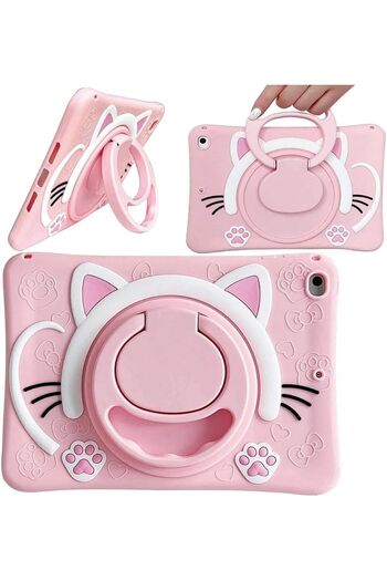 TEKNETSTORE Galaxy Tab A9 Plus 11Inch - Pink Cat Pattern, Hanging Stand, Fun Character Children's Case