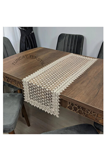 TUNCAY TEKSTİL Spider Pattern Laced Polyester Runner Ranir Coffee Table Tablecloth French Guipure Cover Brown