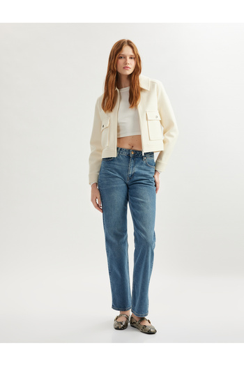 Koton Long Sleeve Zip-Up Double Breasted Short Jacket with Flap Pocket Detail
