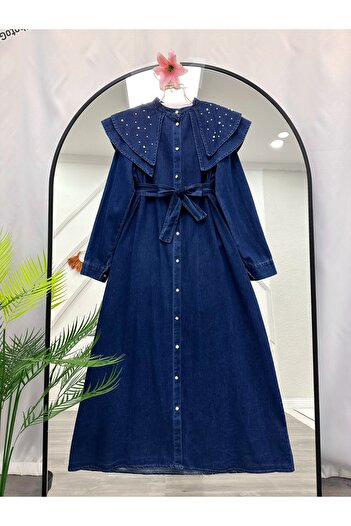 YEDİLALE Princess Collar Pearl Denim Dress