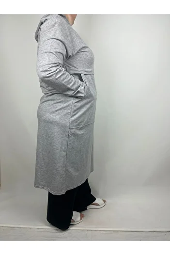 YAŞAR TRİKO Women's Gray Robe Two Side Whole Pocket Hooded Long Sleeve Two Thread Tunic