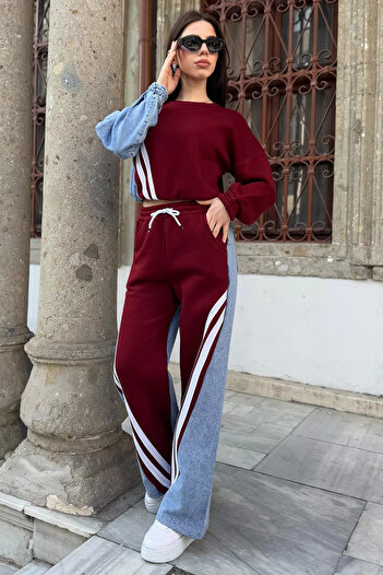 GÜLSELİ Burgundy Jeans Garnished Sweat Pants Double Set