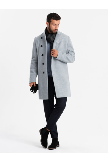 OMBRE Herrenmantel mit hohem Kragen und asymmetrischem Verschluss - grau meliert V1 OM-COWC-0120 S