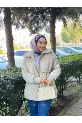 Minel Kadın Kürklü bej Kısa Mont 030