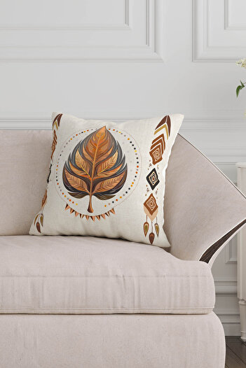 Sakallı Ethnic Bohemian Leaf Pattern Beige Floor Digital Printed Decorative Throw Pillow Cover