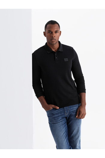 OMBRE Structured men's polo longsleeve with patch - black V1 OM-POLS-0131 M