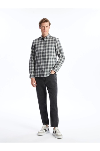 LC Waikiki Lcwaikikı - Classic Gray, Long Sleeve, Plaid Print Gabardine Shirt for Men