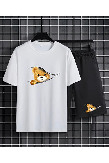 SimStone Bear Print 2-Piece Set for Men, Casual Short Sleeve Oversized T-Shirt and Summer Lace-Up Shorts Set