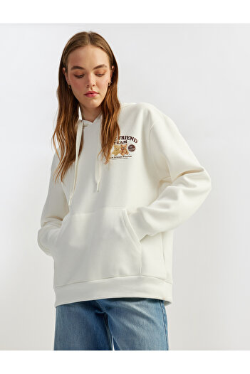 Koton Raised Hooded Kangaroo Pocket Printed Oversize Sweatshirt