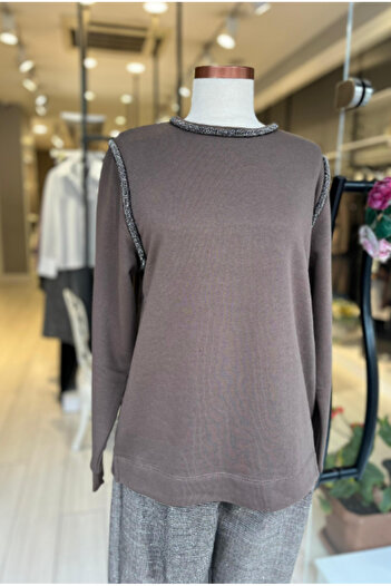 Unıquemode UW252003 UNIQUE KOL VE YAKA KENARI TAŞ DETAYLI SWEATSHIRT