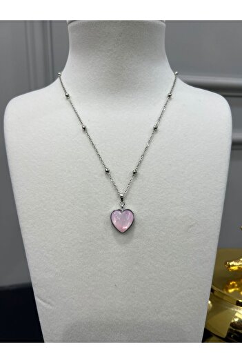 Store Pink Heart Necklace with Steel Bead Chain