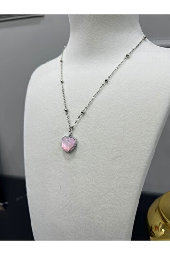 Store Pink Heart Necklace with Steel Bead Chain