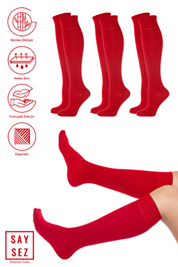 SAYSEZ Bamboo Women's Knee-Length Red Long Seamless Socks 3-Piece / Pants Socks / Skin-Free Socks