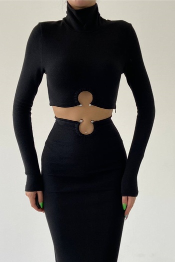 bayansepeti High-Top Black Knitwear Crop Blouse and Midi Skirt - Accessory Suit 336