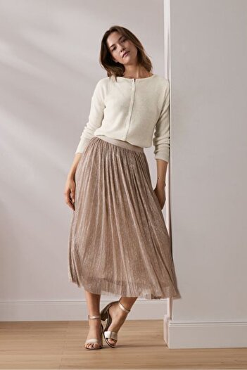 Tchibo Women Metallic Pleated Skirt, Light Brown