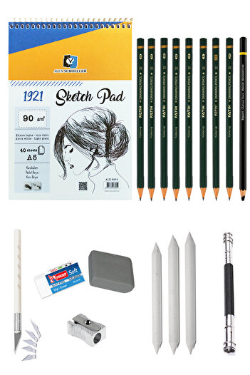 ACUTO Alex A5 Sketchbook 90 gr Charcoal Drawing Set Sketch Set Dough Eraser Charcoal Pencil Pastel Dispenser