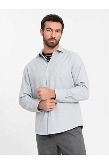 OMBRE Pánská košile s kapsou REGULAR FIT - světle šedá melanž V2 OM-SHCS-0148 M