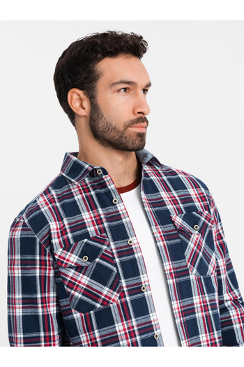 OMBRE Men's flannel shirt with buttoned pockets - red and navy blue OM-SHCS-0137 M
