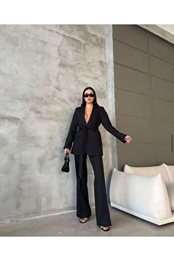 Moda İkra Belted Blazer Jacket and Wide Leg Trousers Set - Women
