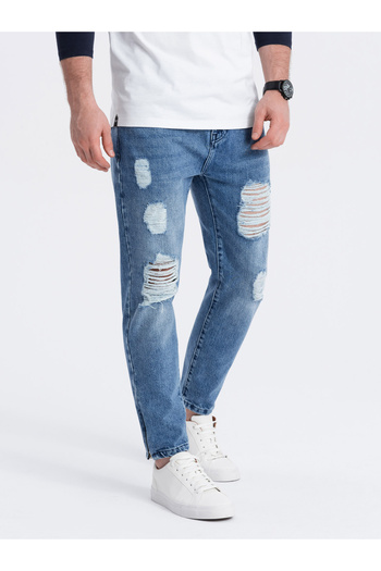 OMBRE Men's taper fit denim pants with holes - blue V3 P1028 S